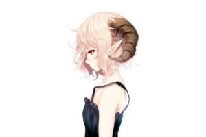 dress, Horns, Pink, Hair, Red, Eyes, Short, Hair, Black, Dress, Soft, Shading, Profile, Simple, Background, Anime, Girls, Pointy, Ears, Monster, Girls, White, Background, Bangs, Wavy, Hair, Original, Characters,