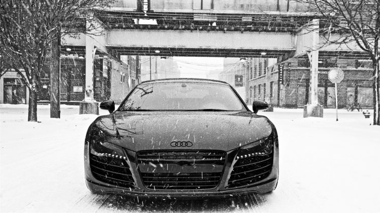 black, And, White, Winter, Snow, Cars, Audi, Audi, R8, Front, View HD Wallpaper Desktop Background