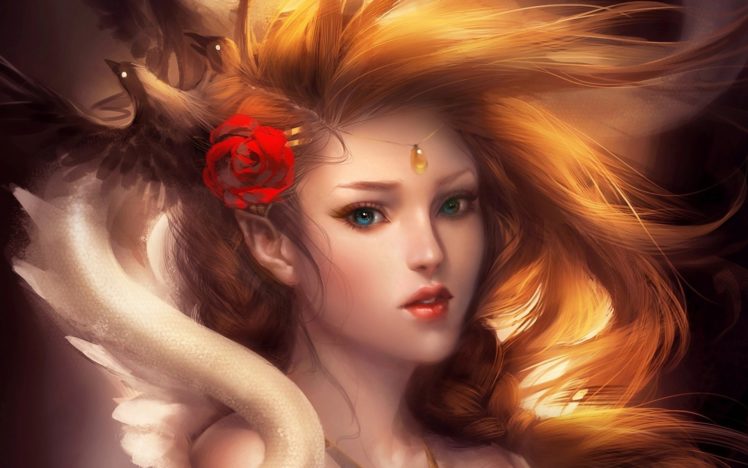 fantasy, Women, Art, Cg, Digital, Gothic, Mood, Face, Rose, Flowers, Ravens, Birds, Redheads HD Wallpaper Desktop Background