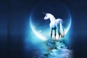 fantasy, Blue, Moon, Unicorns, Moonlight, Digital, Art