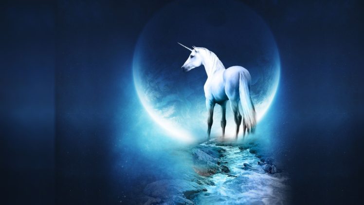 fantasy, Blue, Moon, Unicorns, Moonlight, Digital, Art HD Wallpaper Desktop Background