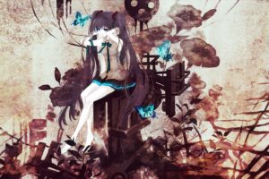 brunettes, Vocaloid, Flowers, Hatsune, Miku, Blue, Eyes, Skirts, Long, Hair, Brown, Ribbons, Plants, Barefoot, Twintails, Bows, Sitting, Butterflies