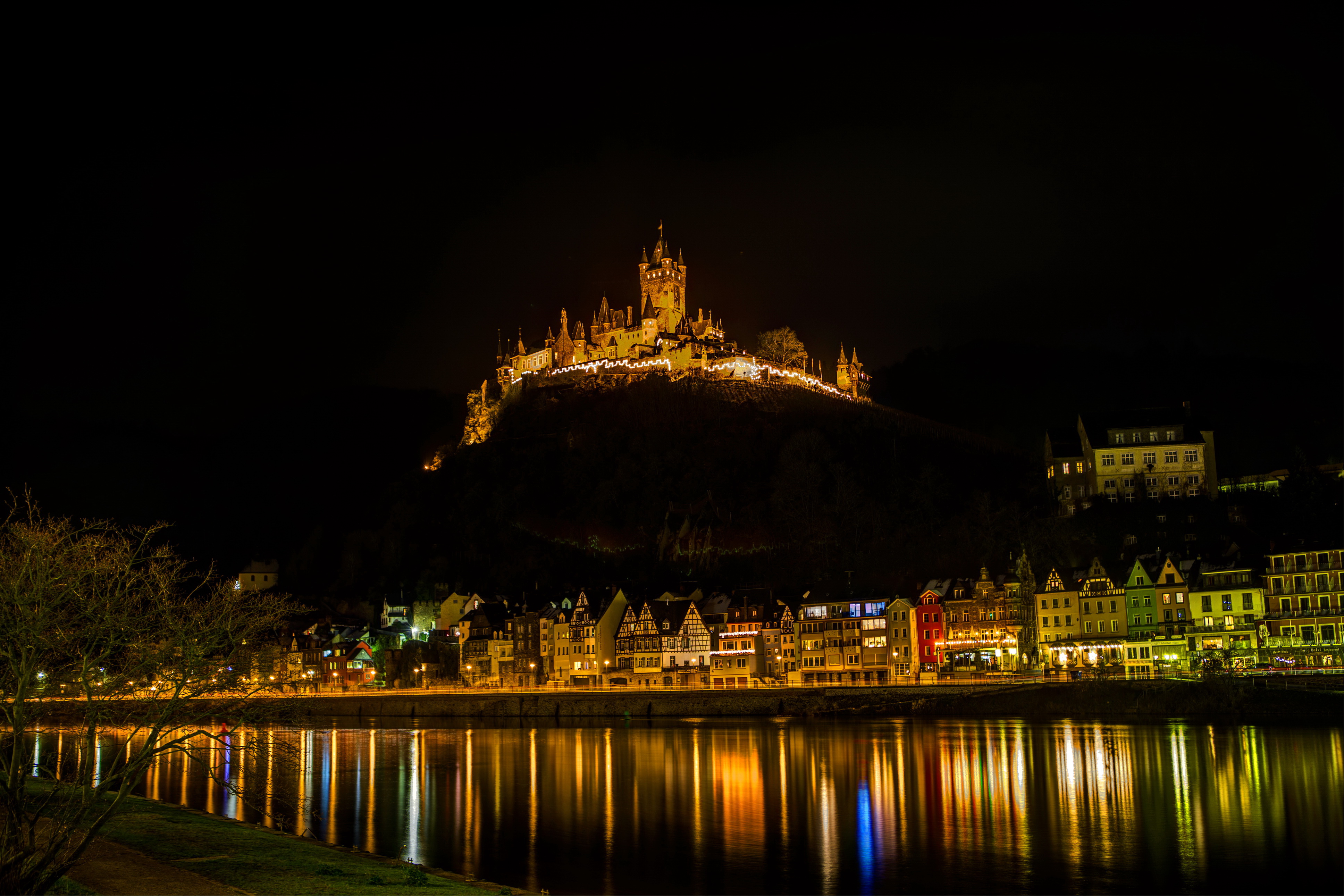 cochem, Burg, Buildings, Castle, Hdr, Night, Lights, Reflection Wallpaper
