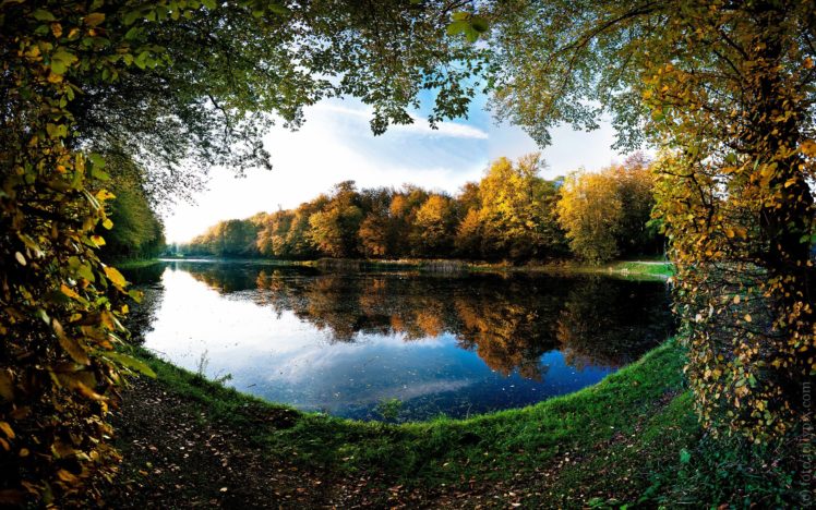 landscapes, Trees, Autumn, Leaves, Ponds, Frames, Lakes HD Wallpaper Desktop Background