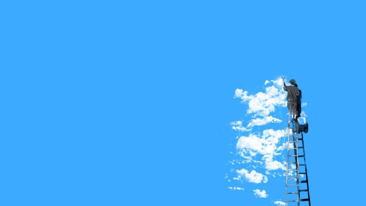 blue, Clouds, Paint, Artwork, Boys, Ladder, Painters, Paint, Brushes, Blue, Background HD Wallpaper Desktop Background
