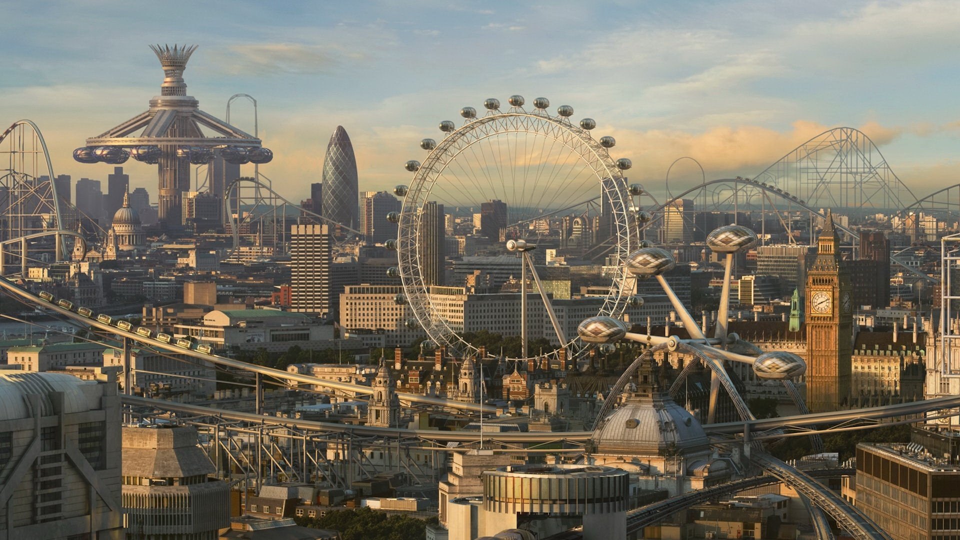 cityscapes, Fake, Cgi, London, London, Eye, Big, Ben, Future, Cities, Photo, Manipulations, Roller, Coaster Wallpaper