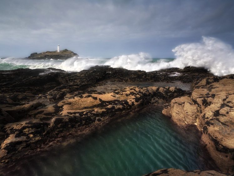 england, Waves, Rocks, Lighthouses, Cornwall HD Wallpaper Desktop Background