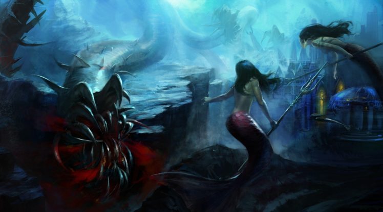 fantasy, Art, Mermaids, Underwater, Monster, Dark, Weapons HD Wallpaper Desktop Background