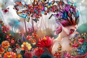 fantasy, Art, Women, Girl, Butterfly, Lips, Face, Psychedelic, Nature