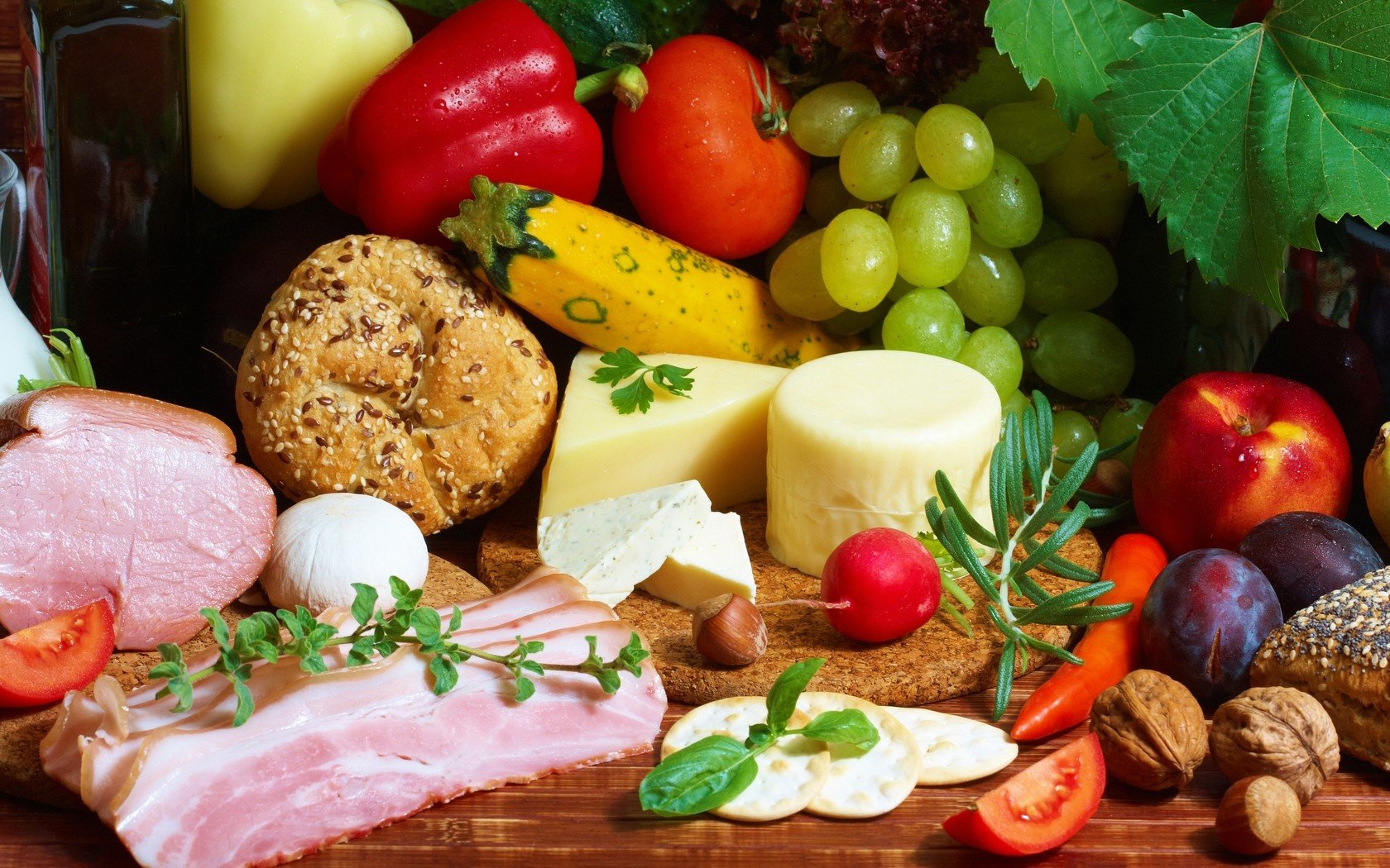 fruits, Food, Meat, Cheese, Bread, Grapes, Nuts, Tomatoes, Peppers Wallpaper