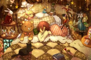 beds, Toys,  children , Books, Sleeping, Artwork, Anime, Anime, Girls