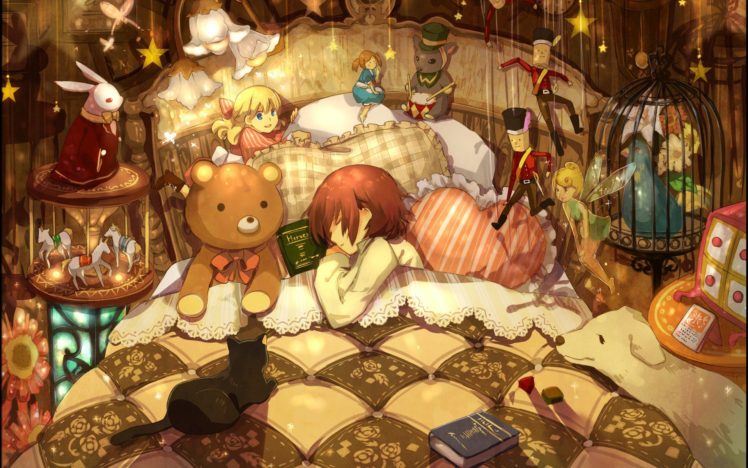beds, Toys,  children , Books, Sleeping, Artwork, Anime, Anime, Girls HD Wallpaper Desktop Background