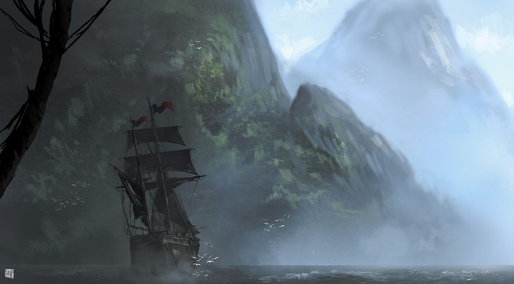 assassins, Creed, 4, Black, Flag, Sailing, Mountains, Ships, Games, Boat, Fantasy HD Wallpaper Desktop Background