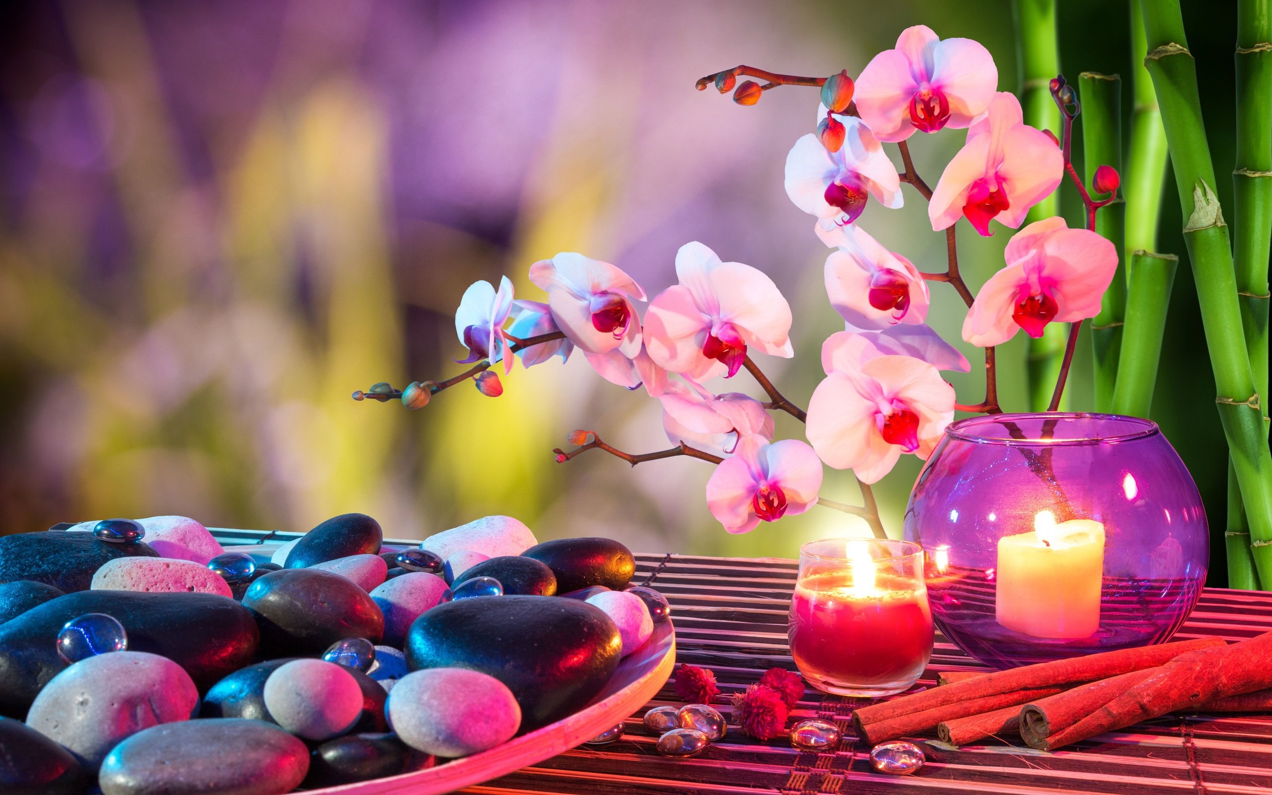 heart, Stones, Candles, Orchids, Towels, Bamboo, Bokeh, Mood Wallpaper