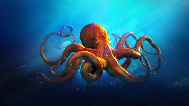 underwater, World, Animals, Octopus, Ocean, Sea, Fantasy, Artwork, Art HD Wallpaper Desktop Background