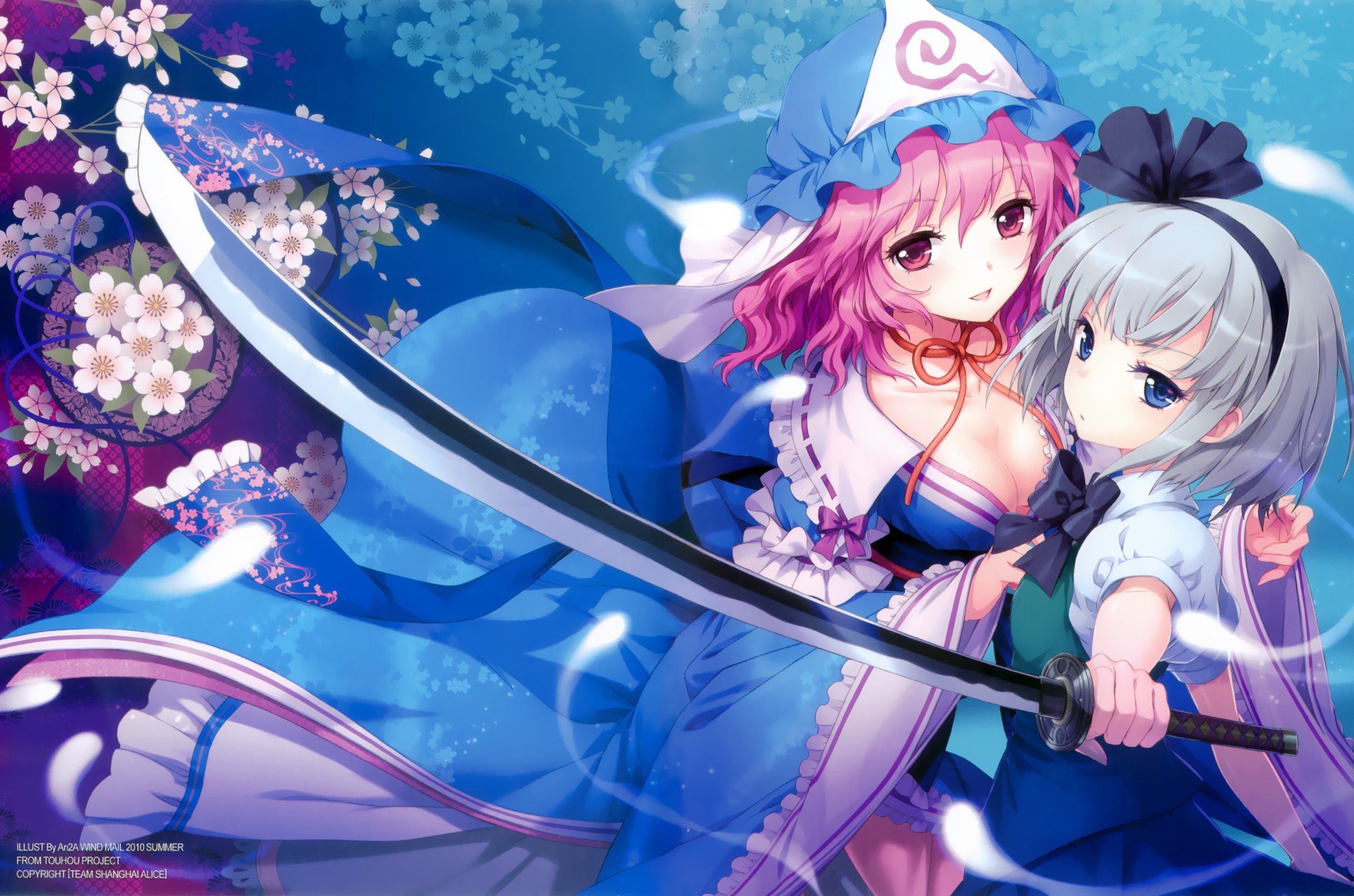 Video Games Blue Touhou Cherry Blossoms Flowers Blue Eyes Katana Cleavage Weapons Konpaku Youmu Pink Hair Short Hair Lolicon Open Mouth White Hair Pink Eyes Saigyouji Yuyuko Blue Dres Wallpapers Hd