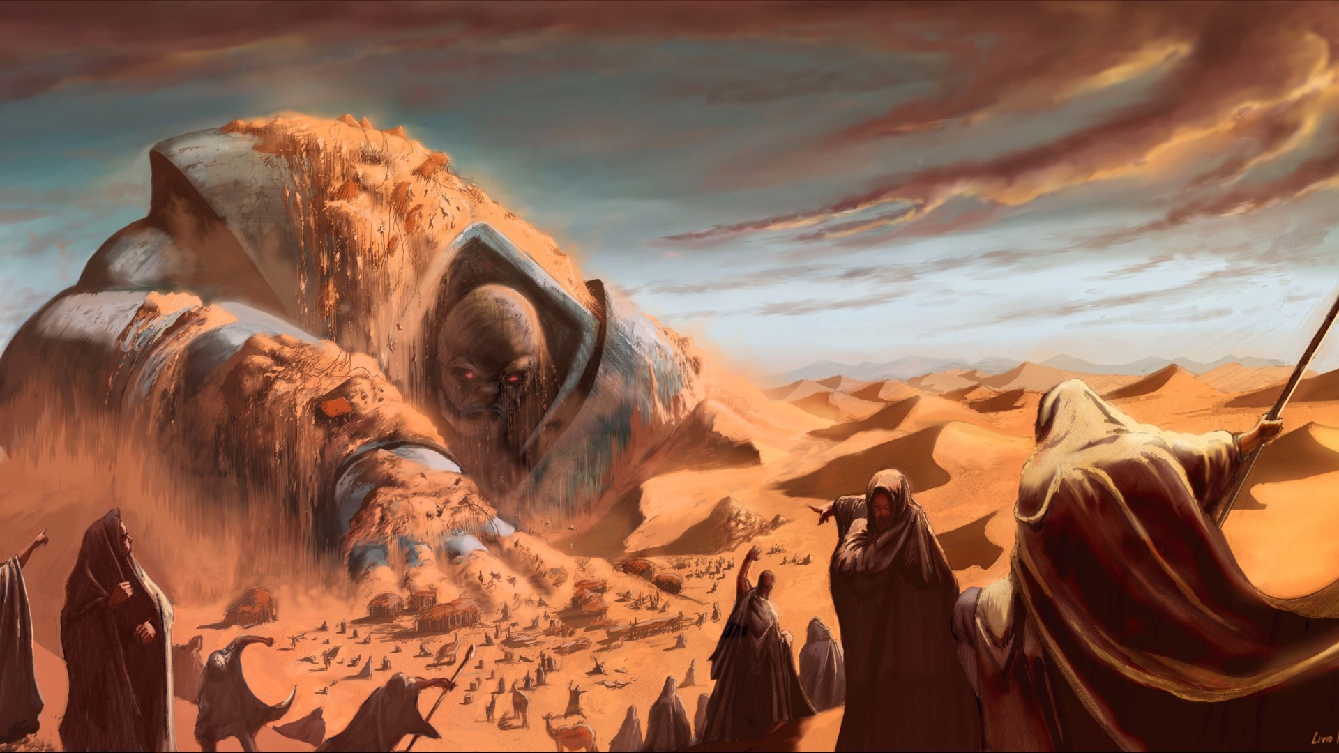 livio, Ramondelli, Fantasy, Art, Monster, Battle, Weapons, Spear, Desert, Sand Wallpaper