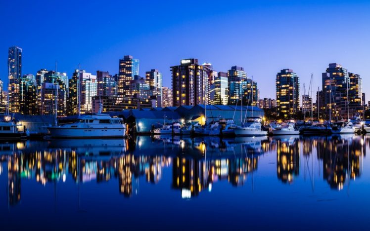 landscapes, Canada, Vancouver, Boats, City, Lights, City, Skyline, Reflections, Cities, Harbours HD Wallpaper Desktop Background