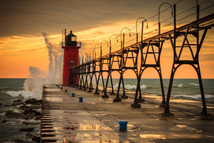 lighthouse, Ocean, Sea, Nature, Waves, Sunset, Sky, Clouds HD Wallpaper Desktop Background
