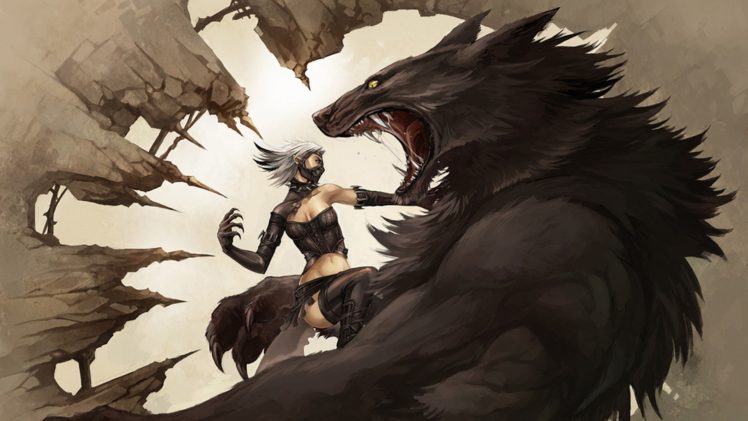 women, Fighting, Fantasy, Art, Vampires, Creatures, Artwork, Wolves, Werewolves HD Wallpaper Desktop Background