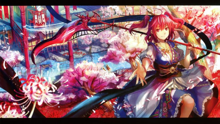 water, Video, Games, Landscapes, Touhou, Cherry, Blossoms, Trees, Dress, Multicolor, Flowers, Scythe, Redheads, Cleavage, Houses, Weapons, Buildings, Shinigami, Red, Eyes, Short, Hair, Twintails, Scenic, Necklac HD Wallpaper Desktop Background