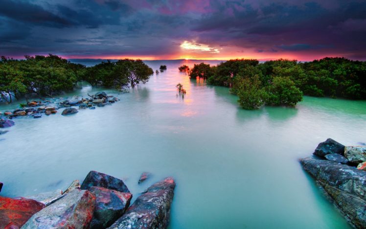 hdr, Ocean, Sea, Tide, Rocks, Sunset, Sunrise, Sky, Clouds HD Wallpaper Desktop Background