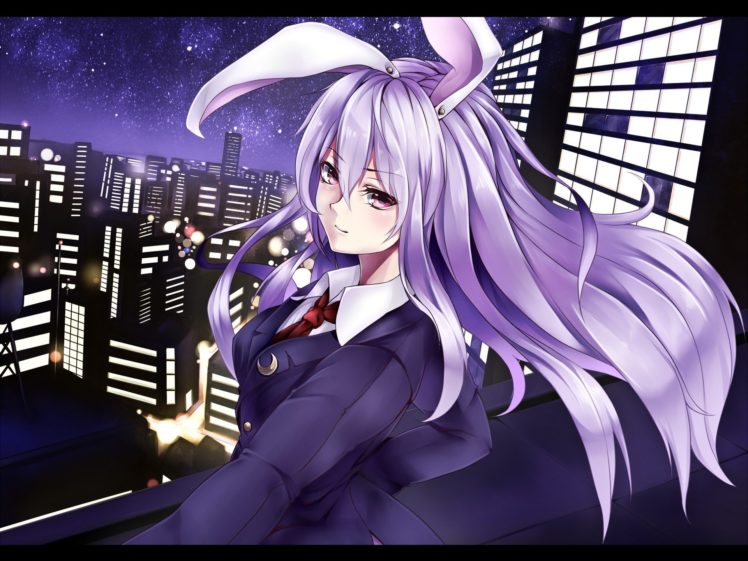 video, Games, Touhou, Night, Stars, Moon, School, Uniforms, Schoolgirls, Tie, Long, Hair, Buildings, Bunny, Girls, Jackets, Purple, Hair, Animal, Ears, Red, Eyes, Skyscrapers, Reisen, Udongein, Inaba, Bunny, Ear HD Wallpaper Desktop Background