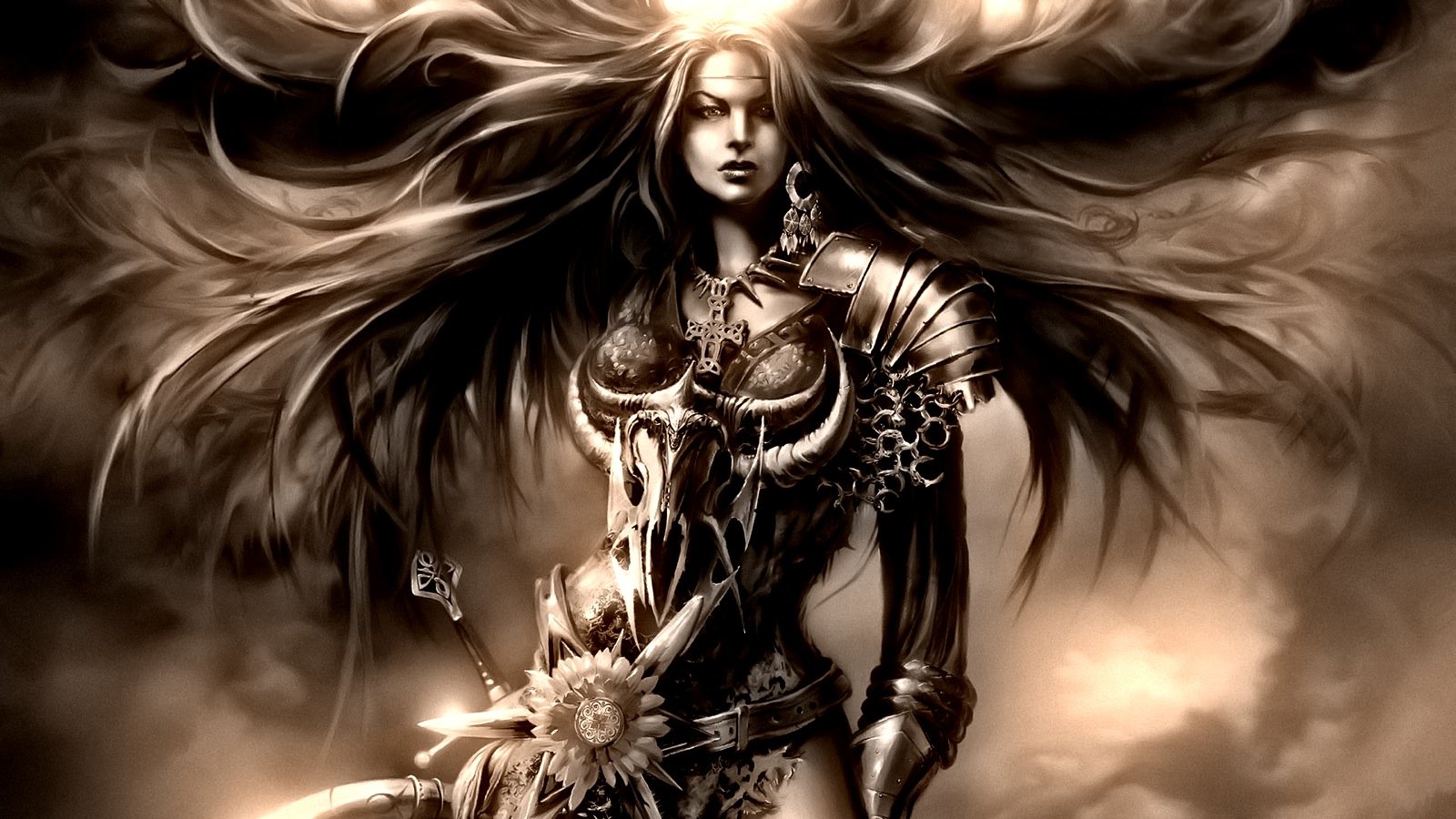skulls, Long, Hair, Armor, Monochrome, Warriors Wallpaper