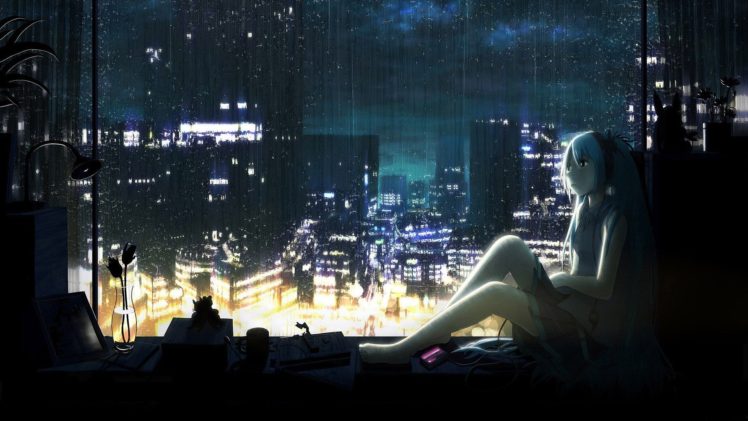 headphones, Water, Clouds, Cityscapes, Dark, Vocaloid, Night, Lights, Rain, Flowers, Hatsune, Miku, Wet, Skirts, Cups, Long, Hair, Window, Barefoot, Lamps, Books, Skyscapes, Anime, Girls, Vase, Mp3, Player HD Wallpaper Desktop Background