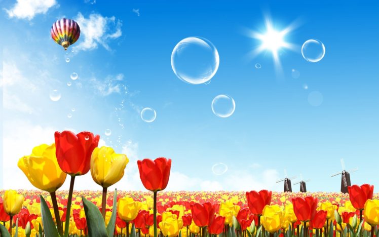 fantasy, Nature, Bubbles, Tulips, Drawings HD Wallpaper Desktop Background