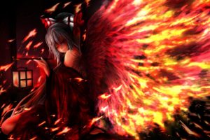 touhou, Fantasy, Vector, Art, Angels, Fire, Wings, Girl, Gothic, Dark, Horror