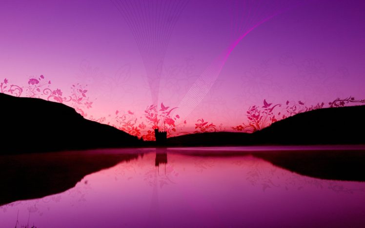 vector, Fantasy, Lake, Castle, Sunset, Sunrise HD Wallpaper Desktop Background
