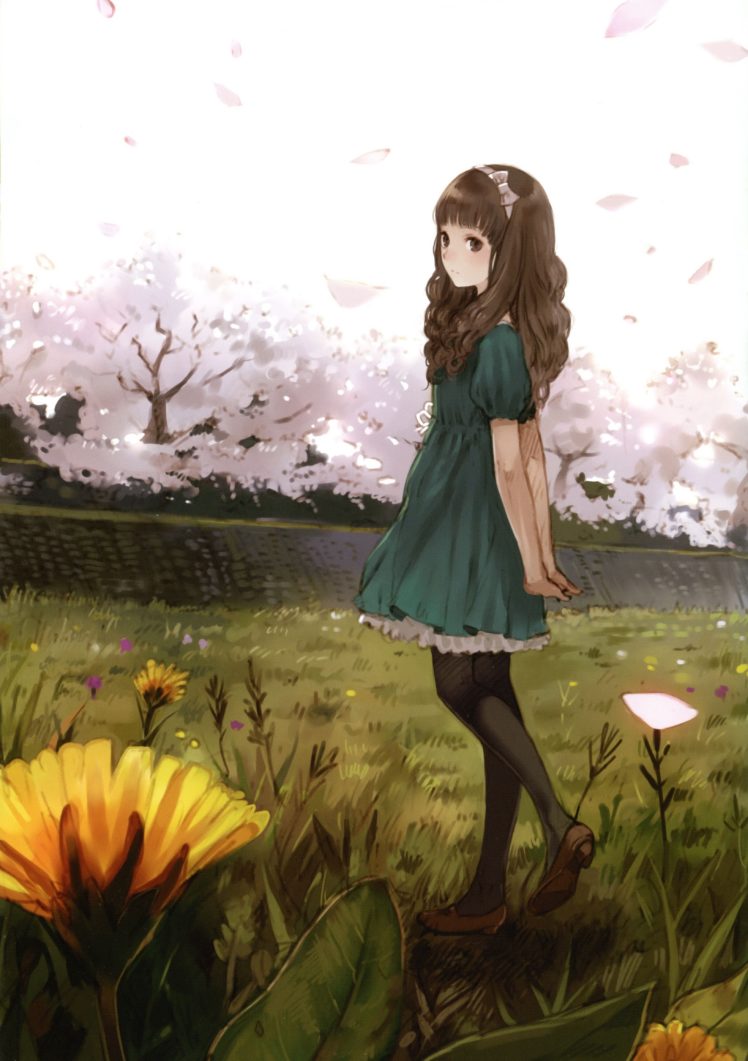 brunettes, Dress, Flowers, Long, Hair, Blossoms, Scenic, Artwork, Kishida, Mel, Anime, Girls HD Wallpaper Desktop Background