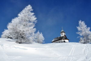 buildings, Church, Steeple, Nature, Landscapes, Mountains, Hills, Winter, Snow, Trees, Sky