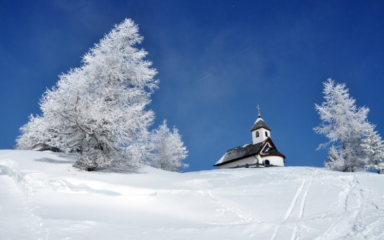 buildings, Church, Steeple, Nature, Landscapes, Mountains, Hills, Winter, Snow, Trees, Sky HD Wallpaper Desktop Background