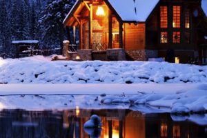 buildings, Cottge, House, Winter, Snow, Lakes, Reflection, Lights, House