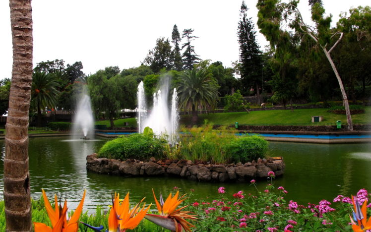 landscapes, Garden, Park, Islands, Fountain, Flowers, Trees HD Wallpaper Desktop Background