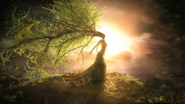 fantasy, Art, Willow, Landscapes, Mood, Trees, Sunset, Sunrise, Women, Gods HD Wallpaper Desktop Background