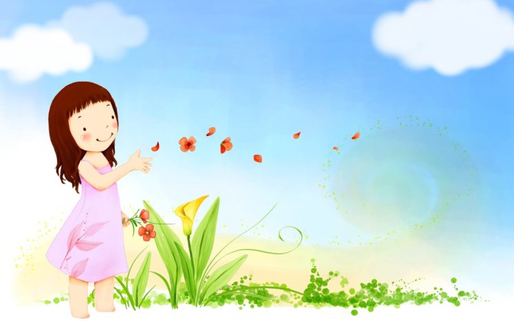 children, Mood, Summer, Happy, Cute, Vector, Girl, Butterfly, Flowers, Sky, Clouds HD Wallpaper Desktop Background