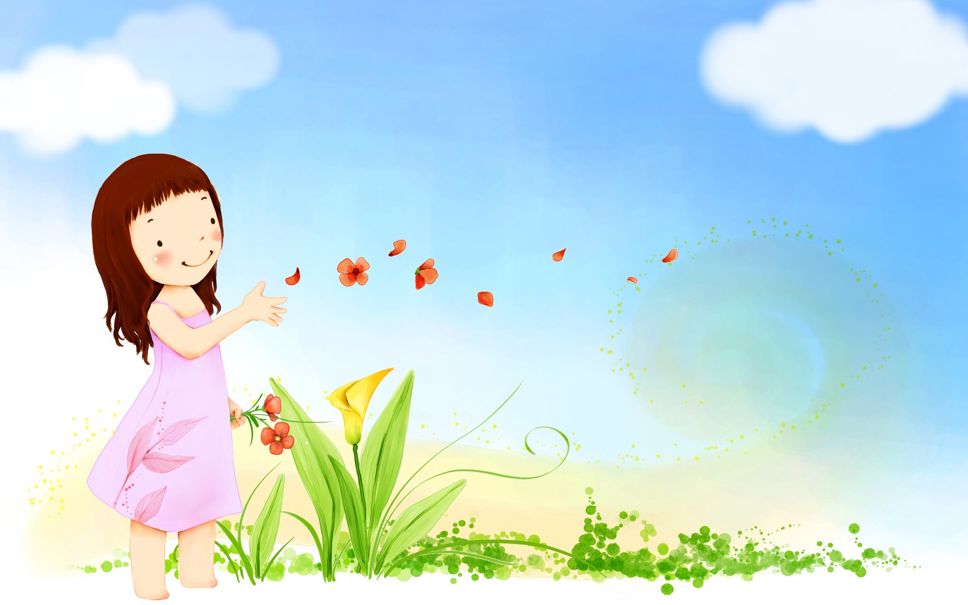children, Mood, Summer, Happy, Cute, Vector, Girl, Butterfly, Flowers, Sky, Clouds Wallpaper