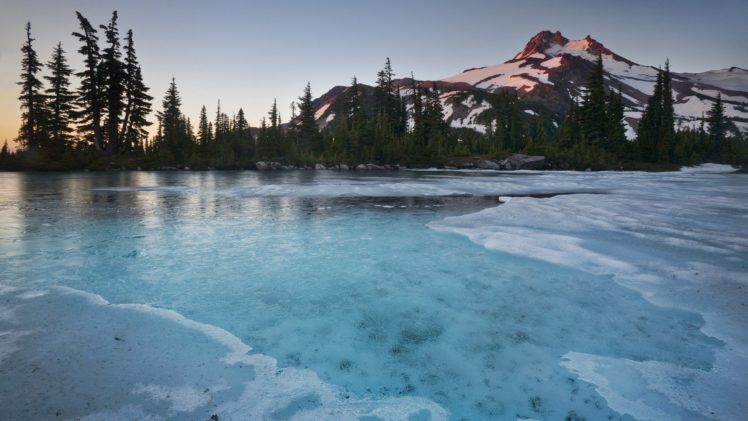 sunrise, Frozen, Oregon, Mount, Jefferson, Waterfalls, Tarn HD Wallpaper Desktop Background