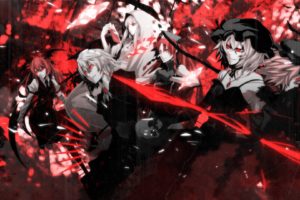 abstract, Skulls, Video, Games, Touhou, Wings, Black, Red, Gloves, Dress, Maids, Redheads, Cleavage, Tie, Skirts, Long, Hair, Weapons, Izayoi, Sakuya, Vampires, Books, Red, Eyes, Short, Hair, Crystals, Smiling,
