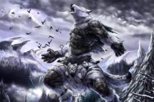 art, Animal, Fantasy, Mountains, Snow, Winter, Lymronia, Birds, Forest, Howling, Fur, Landscapes, Bears, Armor, Monster, Sky