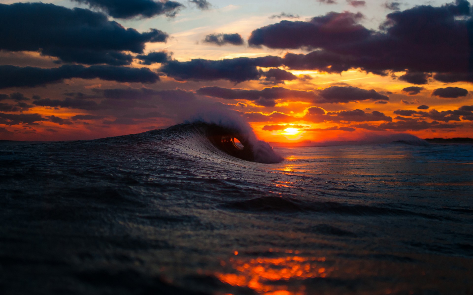 ocean, Sea, Waves, Sunset, Sunrise, Sky, Clouds, Spray, Splash, Drops Wallpaper