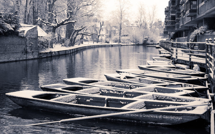 canal, River, Bw, Boats, Winter, Snow, Trees, Black, White, Monochrome, Rivers, Streams, Cities, Snow HD Wallpaper Desktop Background