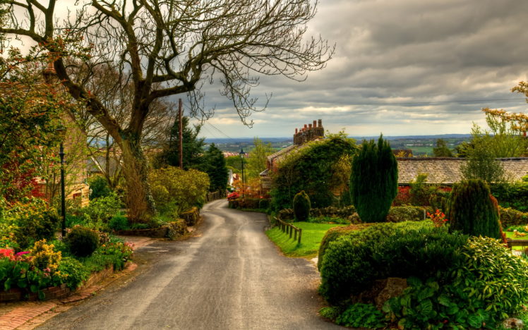 uk, Road, England, Horwich, Trees, Shrubs, Nature, Landscapes, Town, Village, Buildings, Houses, Architecture, Sky, Clouds HD Wallpaper Desktop Background