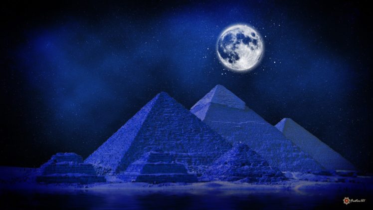 blue, Deserts, Digital, Art, Artwork, Full, Moon, Pyramids, Midnight HD Wallpaper Desktop Background