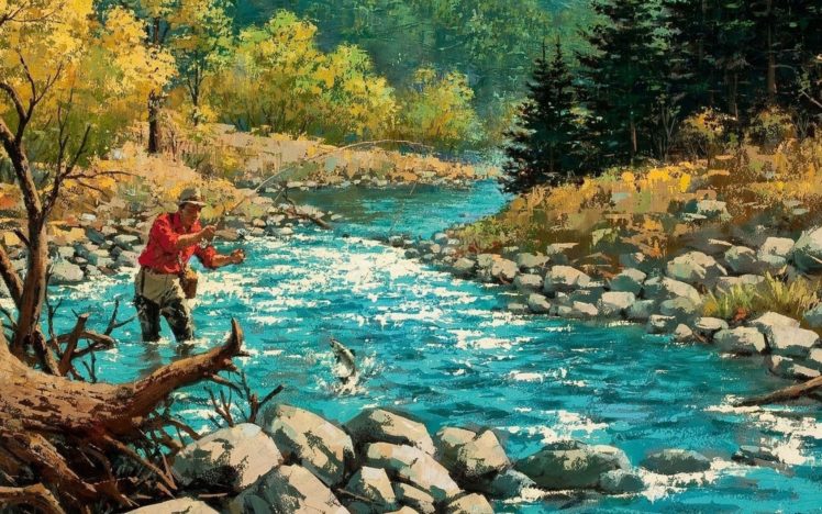 fishing, Fish, Sport, Fishes, River, Autumn, Painting, Artwork HD Wallpaper Desktop Background