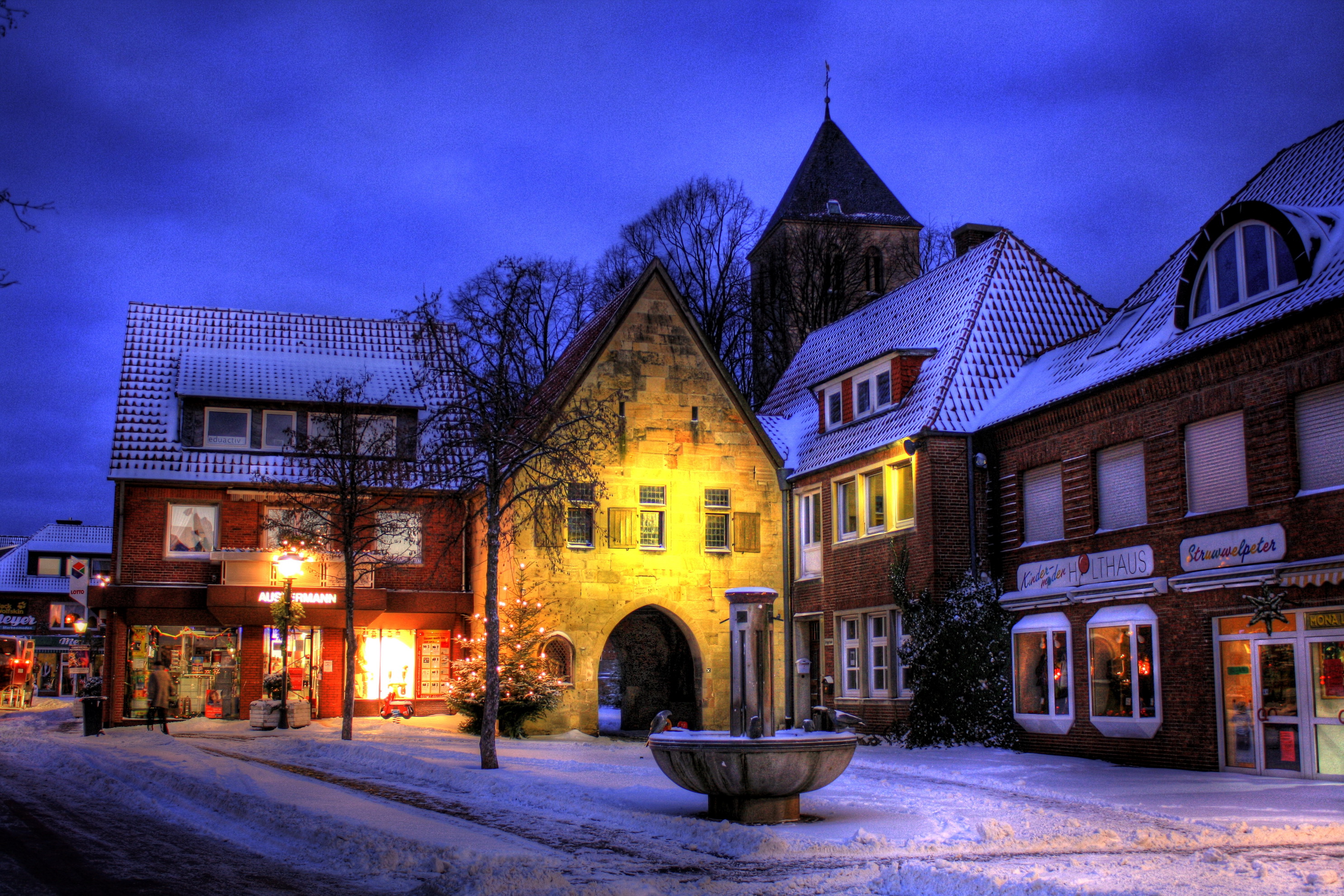 germany, Seasons, Winter, Houses, Street, Lights, Snow, Hdr, Street