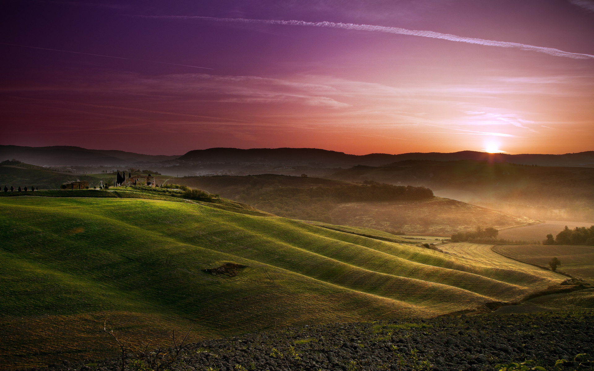 hills, Farm, Rustic, Hills, Fields, Sky, Sunrise, Sunset Wallpaper